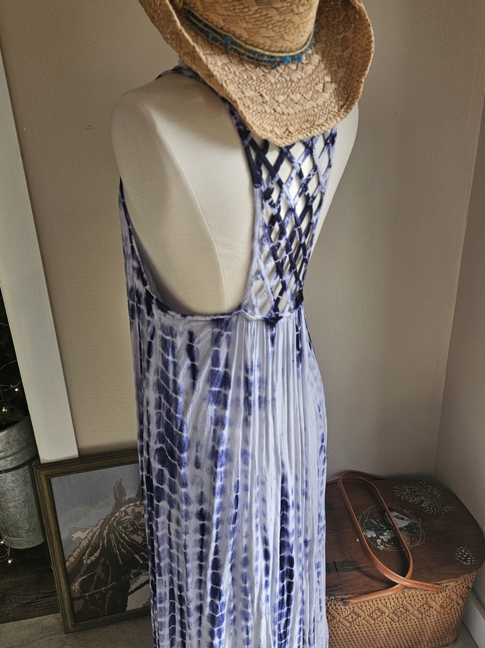 Blue Tie-Dye Spaghetti Strap Maxi Dress